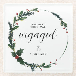 First Christmas Engaged Personalized Couple Gift Glass Coaster