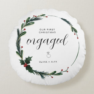 First Christmas Engaged Personalized Couple Gift  Round Pillow