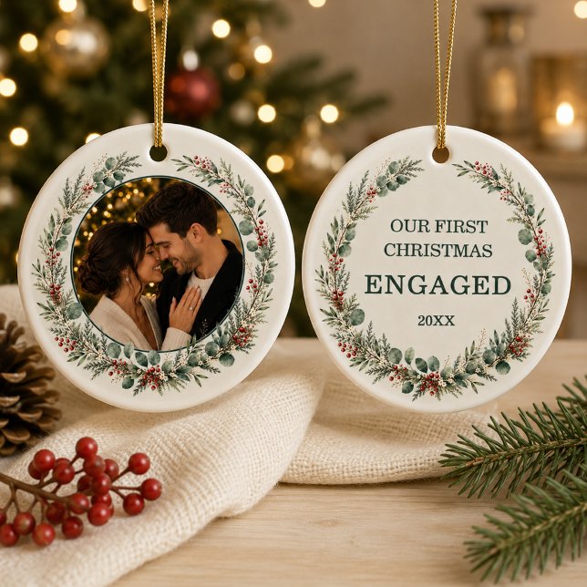 First Christmas Engaged Personalized Photo Ceramic Ornament (Creator Uploaded)