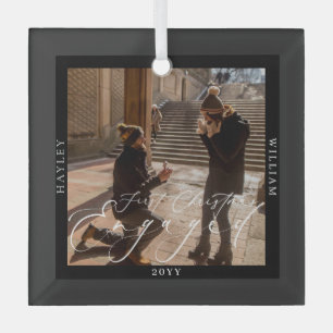 First Christmas Engaged Photo Black Glass Ornament