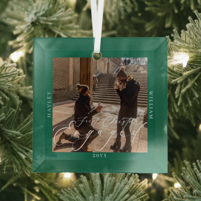First Christmas Engaged Photo Green Glass Ornament (Insitu)