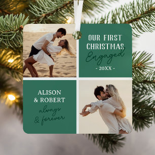 First Christmas Engaged Photo Green Holiday Metal Ornament