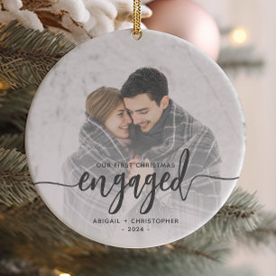 First Christmas Engaged Photo Grey Script Ceramic Ornament