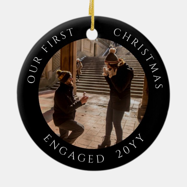 First Christmas Engaged Photo Keepsake Ceramic Ornament (Back)