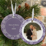 First Christmas Engaged Photo Lavender Snowflake Ceramic Ornament<br><div class="desc">Our First Christmas ornament personalized with your photo and custom text. This holiday ornament is lavender and decorated with white snowflakes. It is lettered with "our first christmas engaged" and you are welcome to edit "engaged" to wording of your choice. The back has more snowflakes and copyspace for you to...</div>