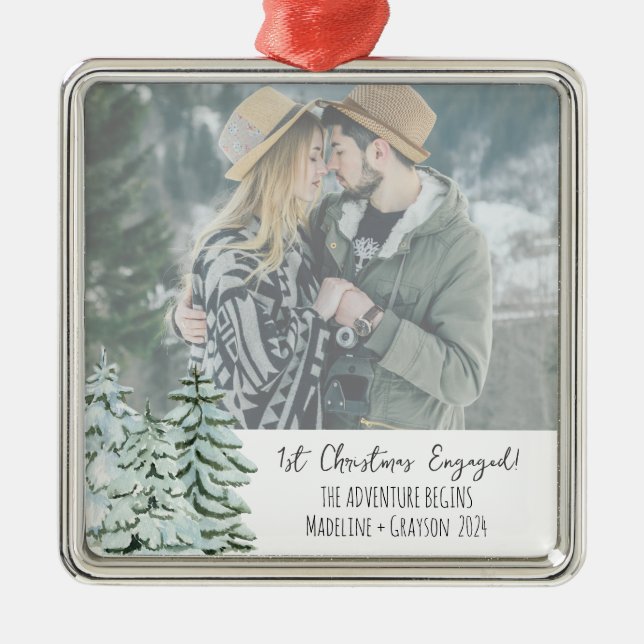 First Christmas Engaged Photo Metal Ornament (Front)
