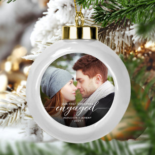 First Christmas Engaged Photo Modern White Script Ceramic Ball Christmas Ornament