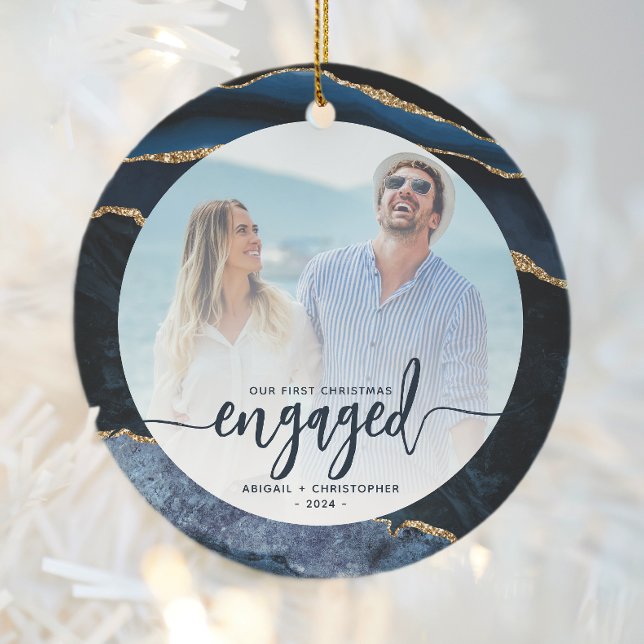 First Christmas Engaged Photo Navy Blue Gold Agate Ceramic Ornament (Creator Uploaded)