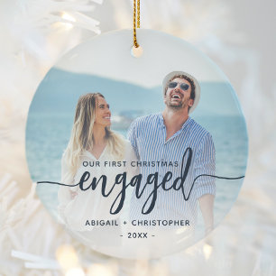 First Christmas Engaged Photo Navy Blue Script Ceramic Ornament