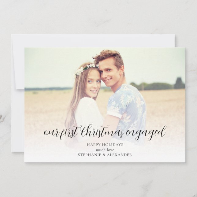 First Christmas Engaged Photo Overlay Name Holiday Card (Front)