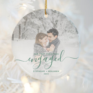 First Christmas Engaged Photo Pine Green Script Ceramic Ornament