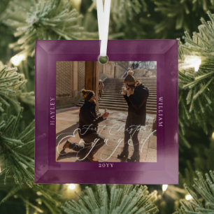 First Christmas Engaged Photo Plum Glass Ornament