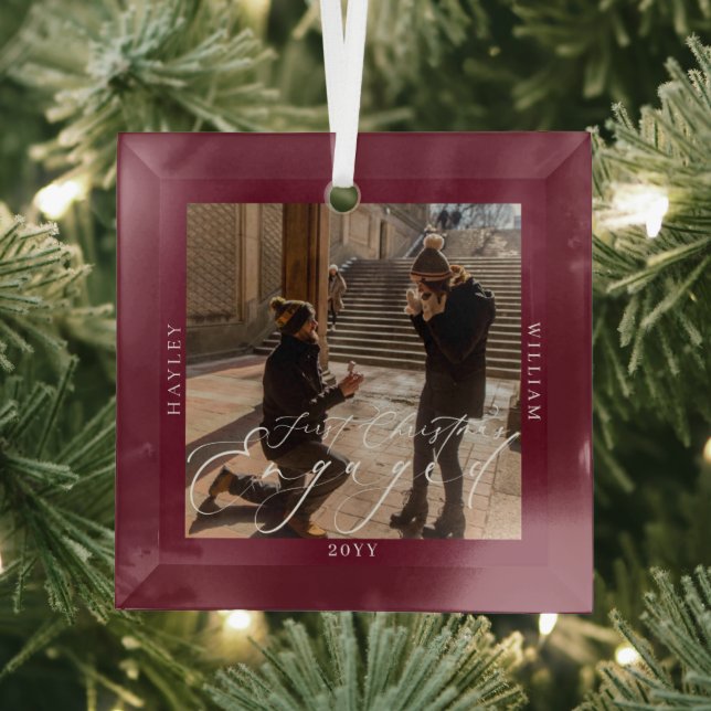 First Christmas Engaged Photo Port Wine Glass Ornament
