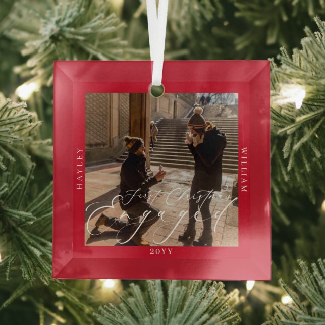 First Christmas Engaged Photo Red Glass Ornament (Insitu)