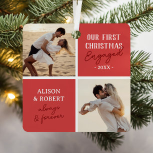 First Christmas Engaged Photo Red Holiday Metal Ornament