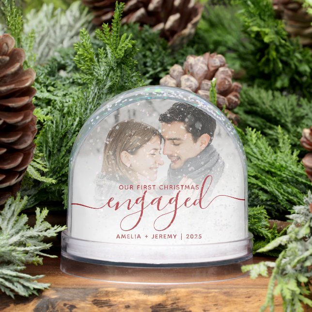 First Christmas Engaged Photo Red Script Snowglobe (Winter)