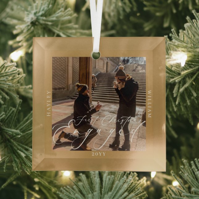 First Christmas Engaged Photo Tan Glass Ornament (Insitu)