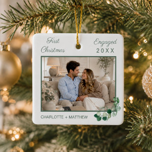 First Christmas engaged photo white greenery Ceramic Ornament