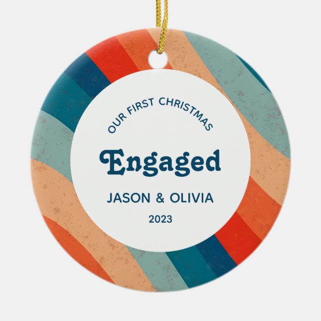 First Christmas Engaged Psychedelic Wavy Photo Ceramic Ornament (Front)