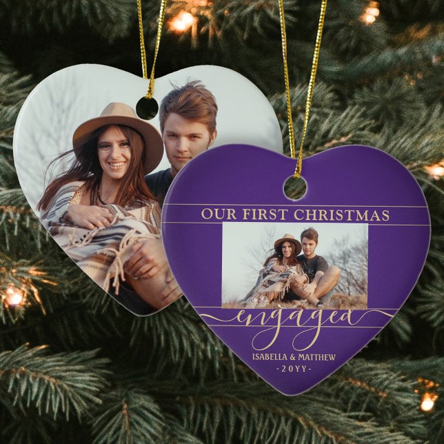 First Christmas Engaged Purple & Gold Photo Heart Ceramic Ornament (Creator Uploaded)