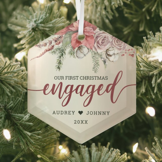 First Christmas Engaged Red Poinsettia Rose Floral Glass Ornament (Insitu)