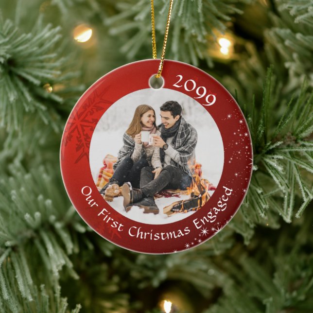 FIRST CHRISTMAS ENGAGED Red Snowflake 2 Photo Ceramic Ornament (Tree)