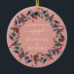 First Christmas Engaged Rose Wreath Ceramic Ornament<br><div class="desc">Romantic ornament for engaged or married couple features beautiful Christmas wreath. You can change the background color if you like.</div>