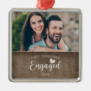 First Christmas Engaged Rustic Burlap Photo Metal Ornament