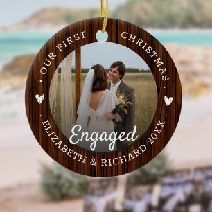 First Christmas Engaged Rustic Faux Wood 2 Photo Ceramic Ornament