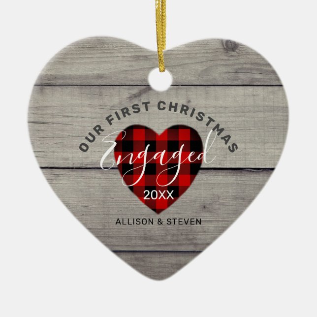 First Christmas Engaged Rustic Heart Customized Ceramic Ornament (Front)