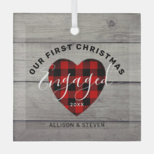 First Christmas Engaged Rustic Heart Personalized Glass Ornament