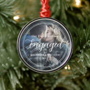 First Christmas Engaged Script Overlay Photo Metal Ornament