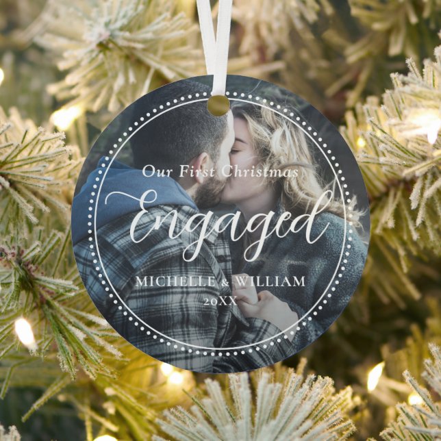 First Christmas Engaged Script Overlay Photo Metal Ornament (Insitu)