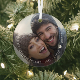 First Christmas Engaged Script Photo Ceramic Glass Ornament