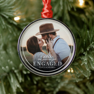 First Christmas Engaged Simple Border Photo Metal Ornament