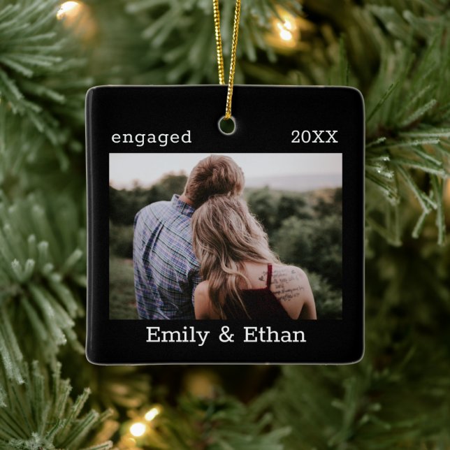 First Christmas Engaged Simple Minimalist Photo Ceramic Ornament (Tree)