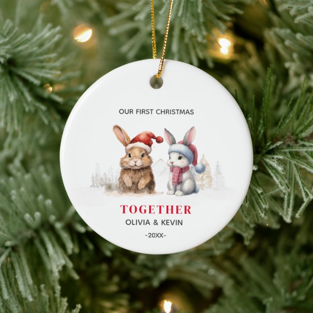 First Christmas engaged together bunnies Ceramic Ornament (Tree)