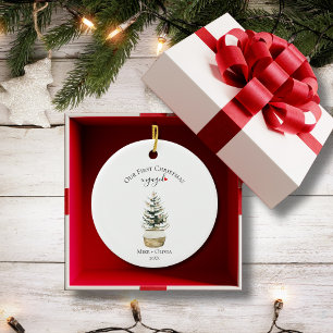 First Christmas Engaged Tree Gold Bow Photo Custom Ceramic Ornament
