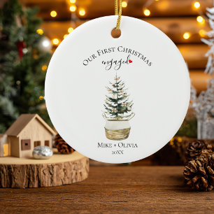 First Christmas Engaged Tree Gold Bows Ball Custom Ceramic Ornament