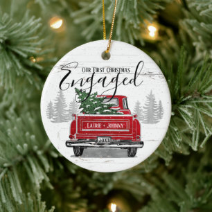 First Christmas Engaged Vintage Red Truck Photo Ceramic Ornament