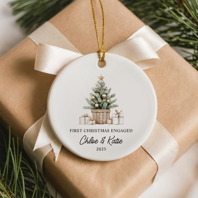 First Christmas Engaged Watercolor Christmas Tree Ceramic Ornament (Creator Uploaded)