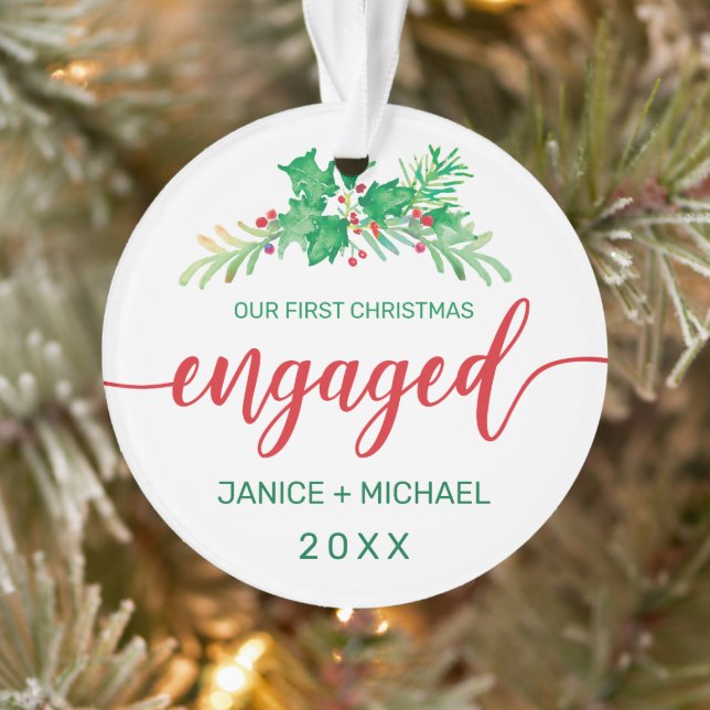 First Christmas Engaged Watercolor Holly Photo Red Ornament (Tree)