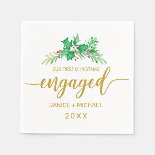 First Christmas Engaged Watercolor Holly Script Napkin