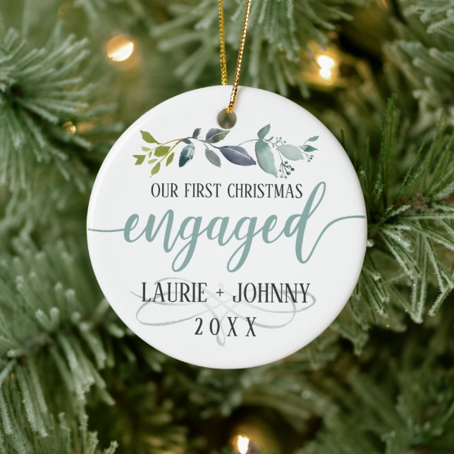 First Christmas Engaged Watercolor Laurel Leaves Ceramic Ornament (Tree)