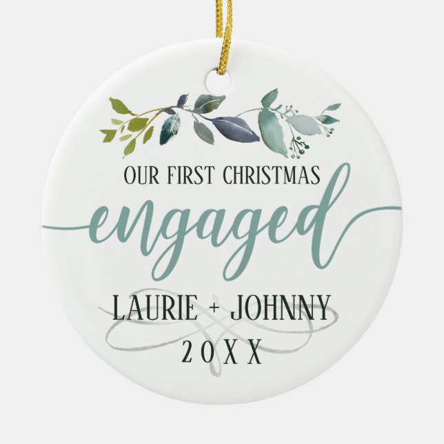 First Christmas Engaged Watercolor Leaves Photo Ceramic Ornament (Front)