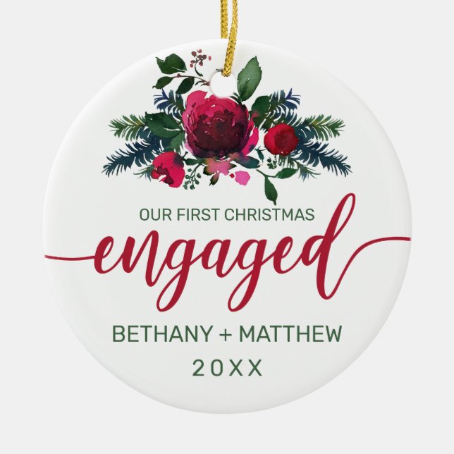 First Christmas Engaged Watercolor Rose Photo Ceramic Ornament (Front)