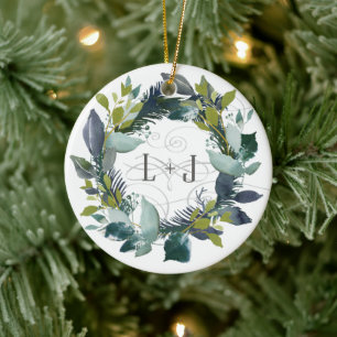 First Christmas Engaged Watercolor Wreath Monogram Ceramic Ornament
