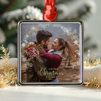 First Christmas Engaged Wreath Gilded Engagement Metal Ornament