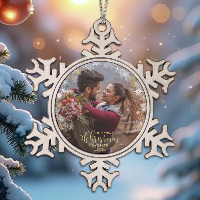 First Christmas Engaged Wreath Gilded Engagement Snowflake Pewter Christmas Ornament (Creator Uploaded)