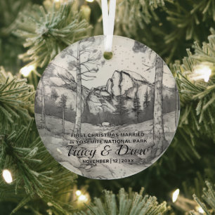 First Christmas Engaged Yosemite Park California Glass Ornament